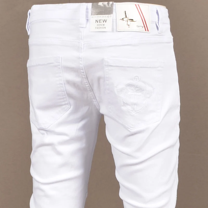 y2kFashionable new men's jeans stretch slim fit washed nostalgic white jeans hip-hop brand high-quality pants hombre