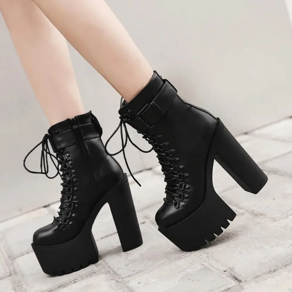 Women\'s Boots Fashion New High Heel Ankle Boots Black Thick Sole Ankle Boots for Women Chunky Heel Lace-Up Platform Shoes Ladies