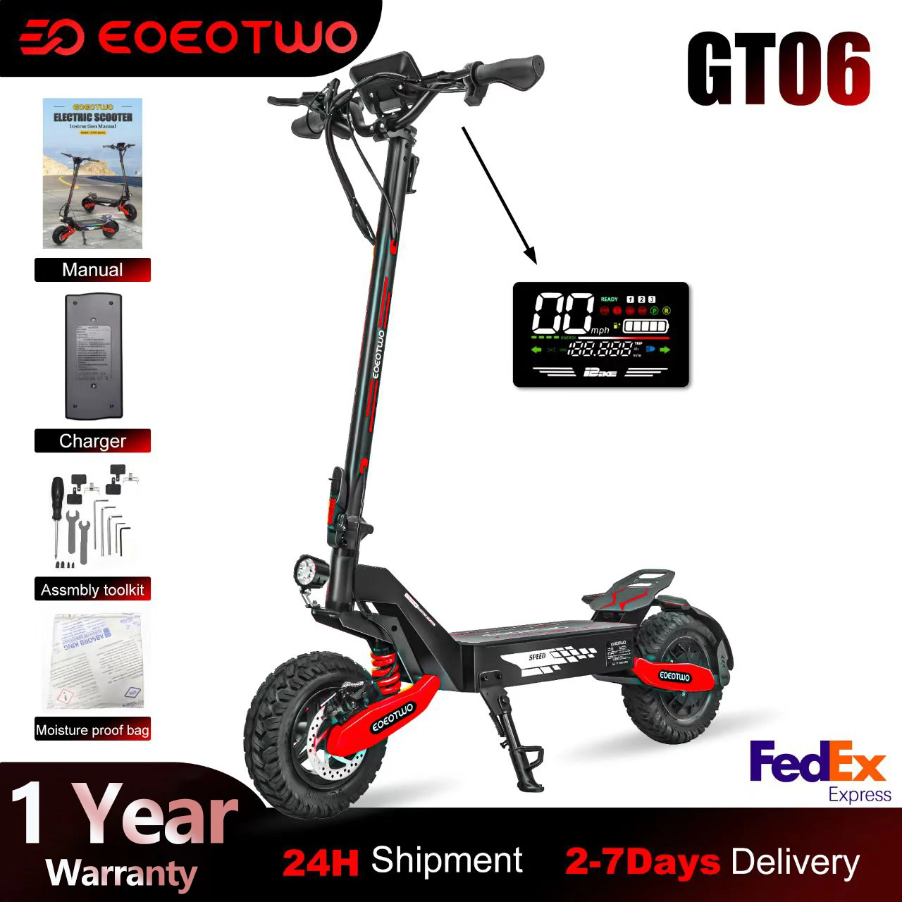 

Электрический самокат EOEOTWO GT06, двигатель 1200 Вт, диапазон 40/20 миль и 28 миль в час, 11 дюймов внедорожные шины, электронный самокат с двойным тормозом и двойной подвеской для взрослых