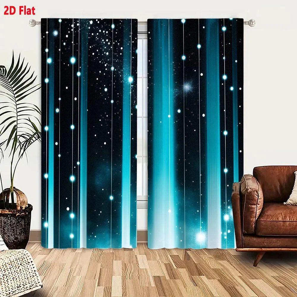 2Pcs Curtains Abstract Digital Artwork Featuring Deep Blue Cyan And White Glowing Light Beams With Sparkling Particles On Dark B