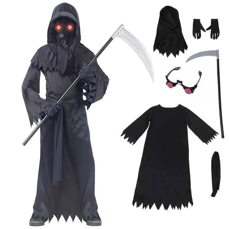 Disfraz de Grim Reaper para niños y niñas, con sombrero, máscaras, ojos luminosos, gancho de la muerte, hoz, fiesta, Terror, disfraz de Halloween