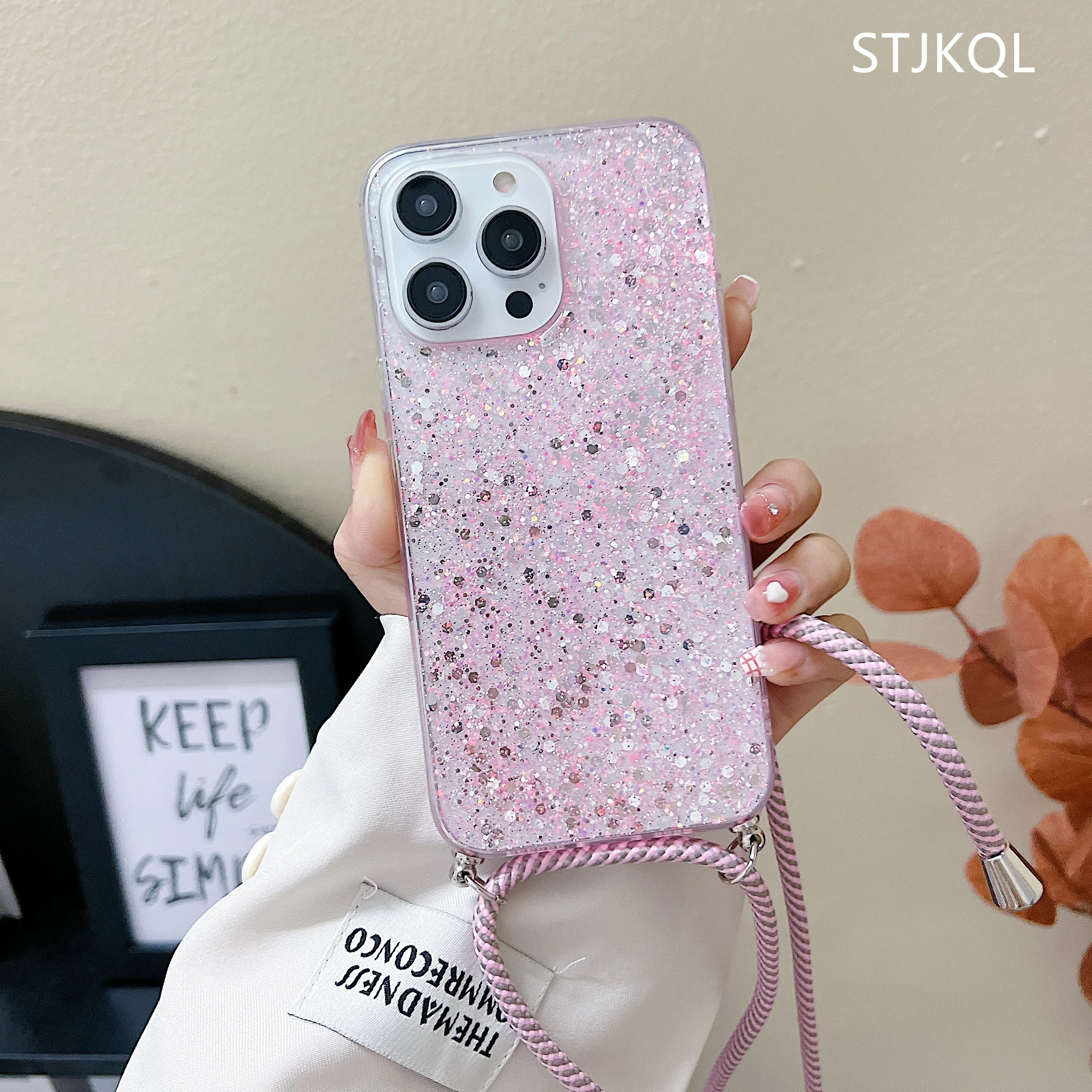 Transparent Glitter Band Cord Necklace Lanyard Soft Phone Case For Xiaomi Redmi Note 10 Pro 11 12 8 9 Redmi 9 9A 9T 9C 10C Cover