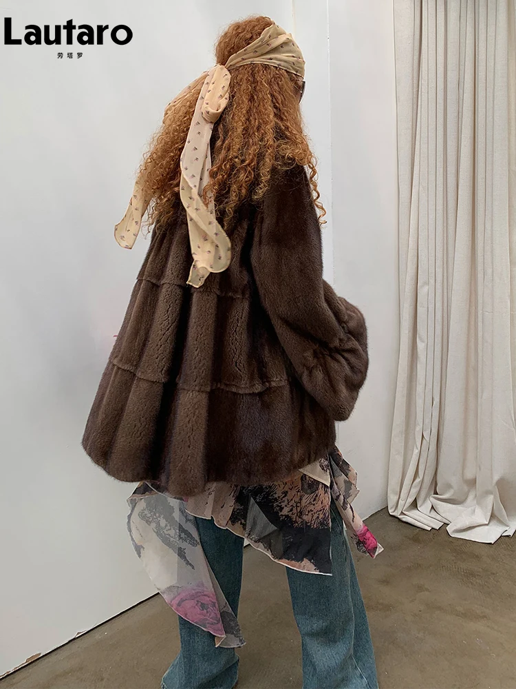 Lautaro Autumn Winter Warm Brown Skirted Faux Mink Fur Coat Women Peter Pan Collar Flare Sleeve Elegant Luxury Fluffy Overcoat