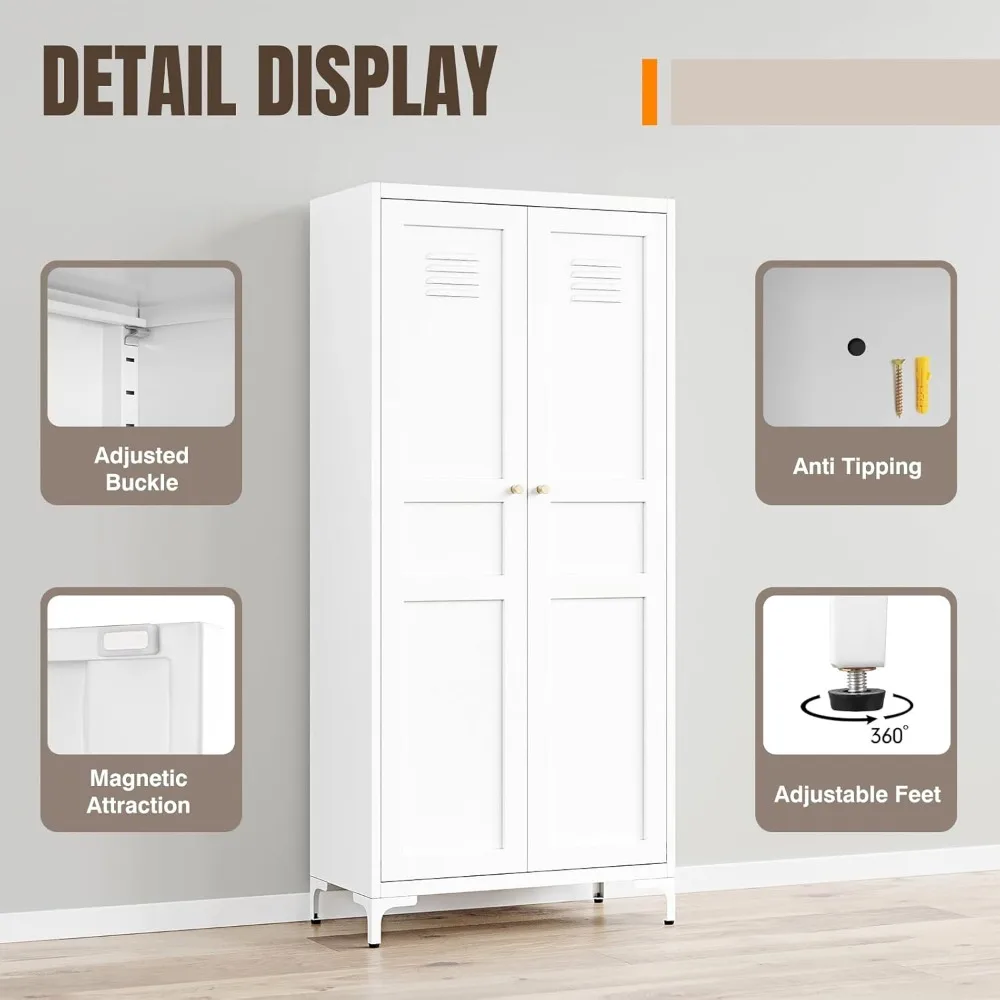 خزانة تخزين معدنية مع بابين و4 أرفف قابلة للتعديل - 61 خزانة تخزين مخزن المطبخ الأبيض 5 طبقات من الفولاذ الطويل