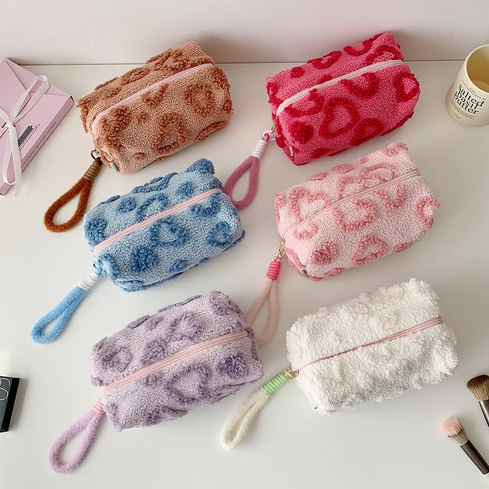 1pc Fashion Plush Love Pencil Bag Student School Stationery Cute Girls Large Capacity Portable Handheld Makeup Bag Gifts