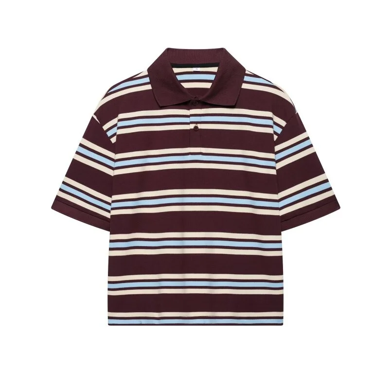 

2026 Women's Preppy Y2K Striped Knit Polo Shirt Brown Short Sleeve Collar Back To School Slim Top
