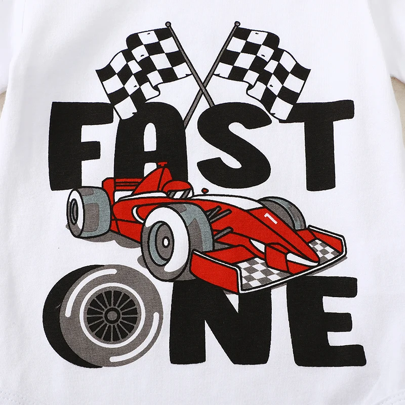 2-Piece Baby Boys Set Race Car Print Short Sleeve Round Neck Romper Plaid Print Contrast Color Shorts Outfits