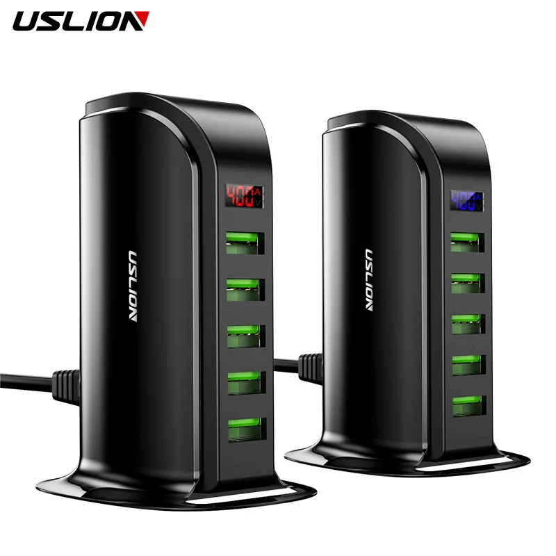 USLION 5 Ports USB Charger HUB LED Display USB Fast Charging Station Dock Mobile Phone Desktop Wall Quick Chargers EU US UK Plug