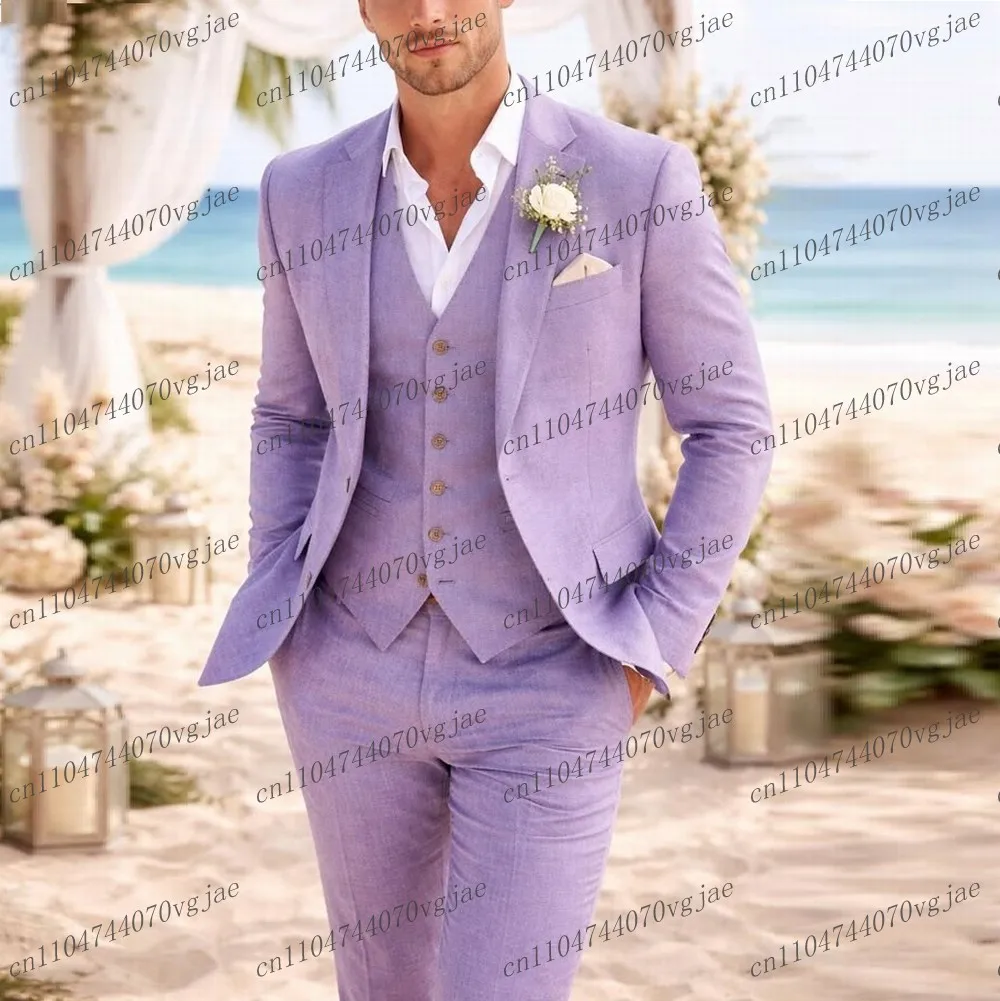 

New Breathable Linen Summer Light Purple Men Suit Formal Wedding Party Groom Business Male Tuxedos 3 Piece Set Jacket Vest Pants