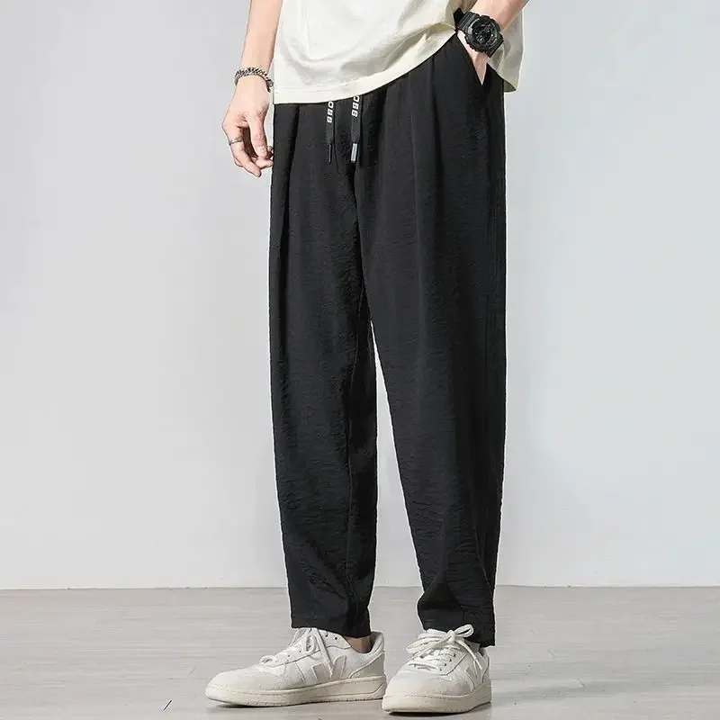 Ice Silk Cooling Luxury Men's Casual Pants Cool Summer Male Trousers Wide Grey Harem Thin Loose Baggy Mens Clothing Slacks Sale