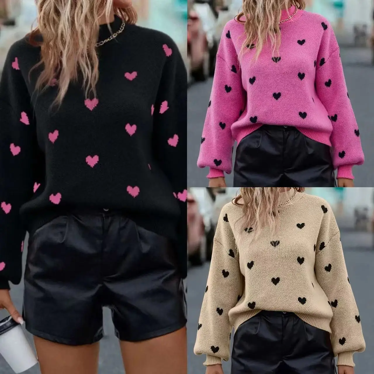 Cute Black Heart Graphic Sweater Drop Shoulder Long Sleeve Casual Sweater For Fall  Winter  Women's Clothing