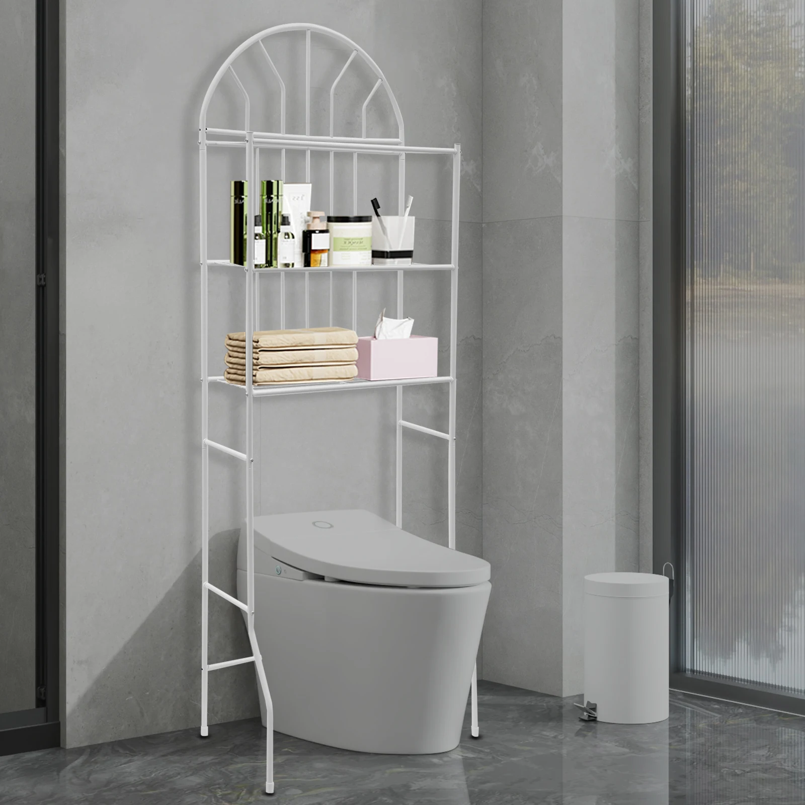 

Over-the-toilet storage, sturdy iron and plastic construction, 55.11 lbs weight capacity, 3 large cut-out platforms, open