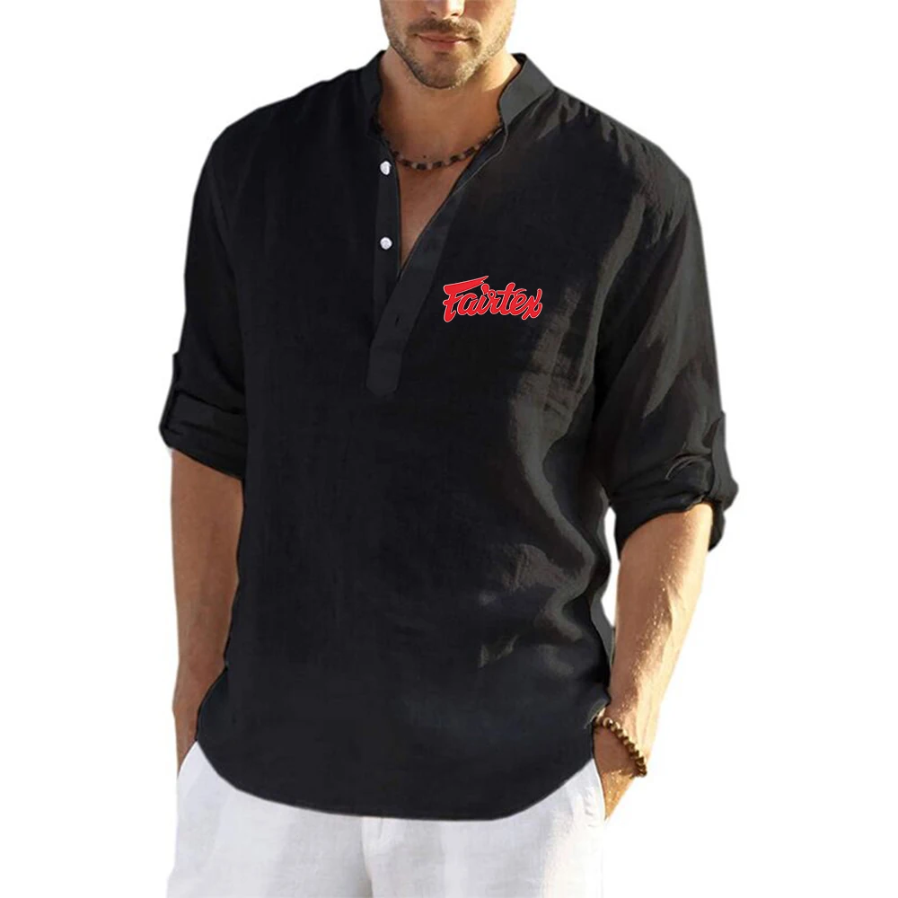 Comfortable Fighting Suit Fairtex Logo Print Men's 2026 Summer New Retro Loose Cotton Hip Hop Breathable Flax V-Neck T-shirt