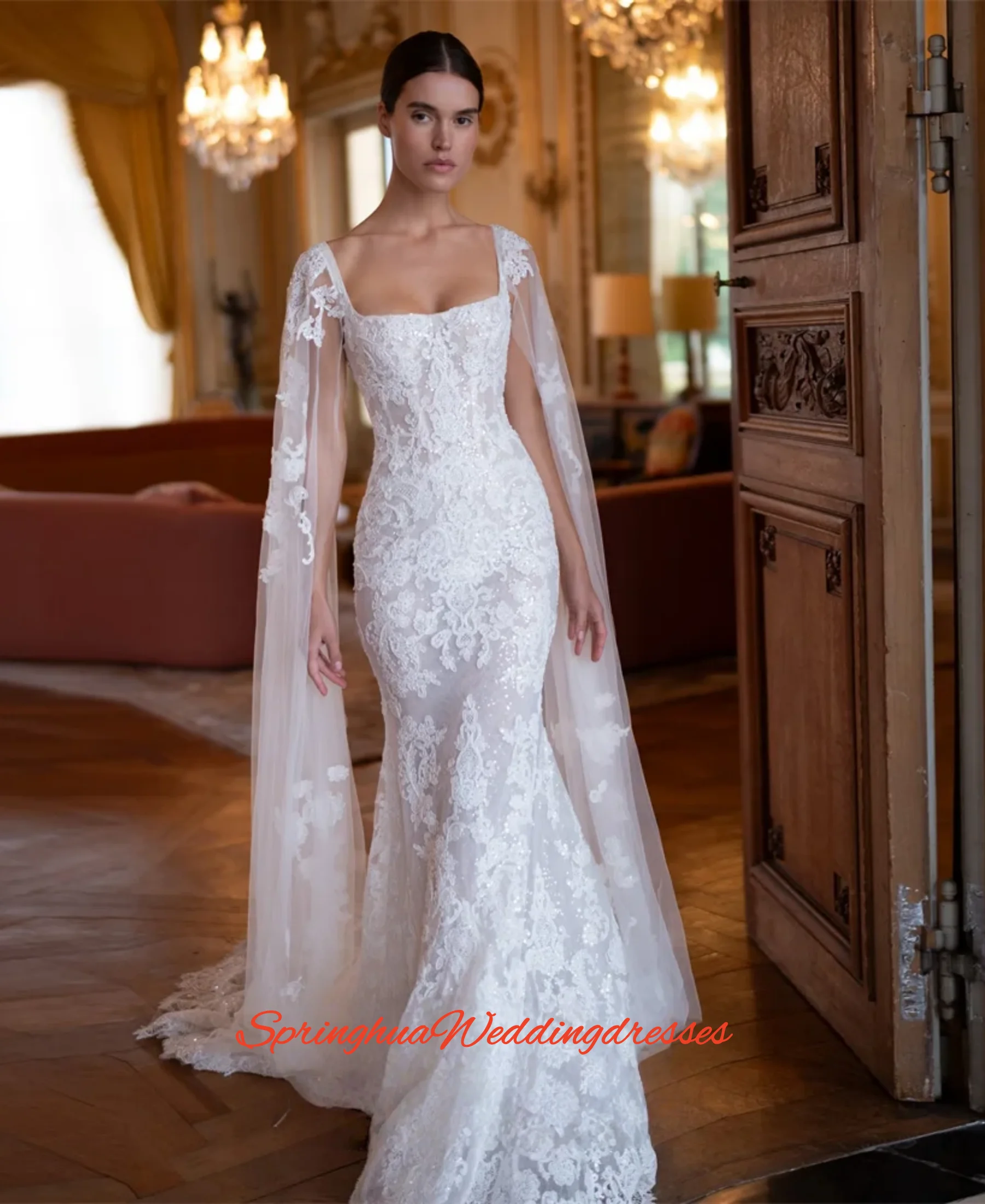 

Изысканные свадебные платья-русалки с кружевными аппликациями на заказ, с накидкой, квадратным вырезом, открытой спиной и бретелями, Vestidos De Novia