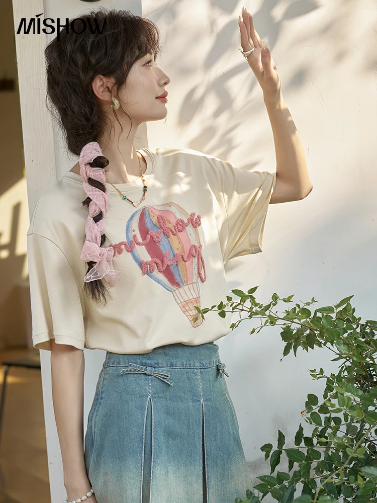 MISHOW Shoulder Hot Air Balloon Printed Short Sleeve T-shirt 2024 Summer Letter Towel Embroidered Tees Versatile Top MXD24T0233