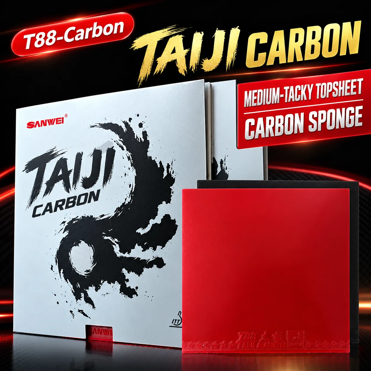 Three-Dimensional Tai Chi Carbon Table Tennis Racket Rubber Cover, High-Performance Carbon Black Sponge Rubber, Built-In Carbon Semi-Sticky Rubber Cover