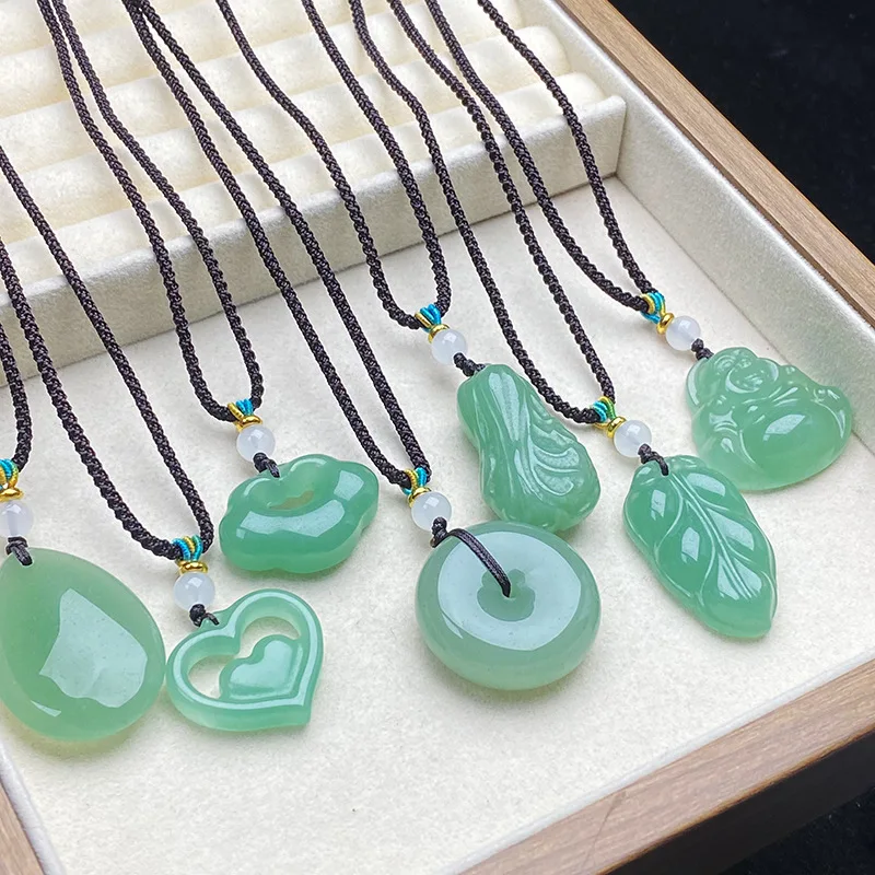 Natural Green Aventurine Jade Laughing Maitreya Buddha Pendant Hand Carved Chinese Lucky Stone Charm Necklace with Braided Cord