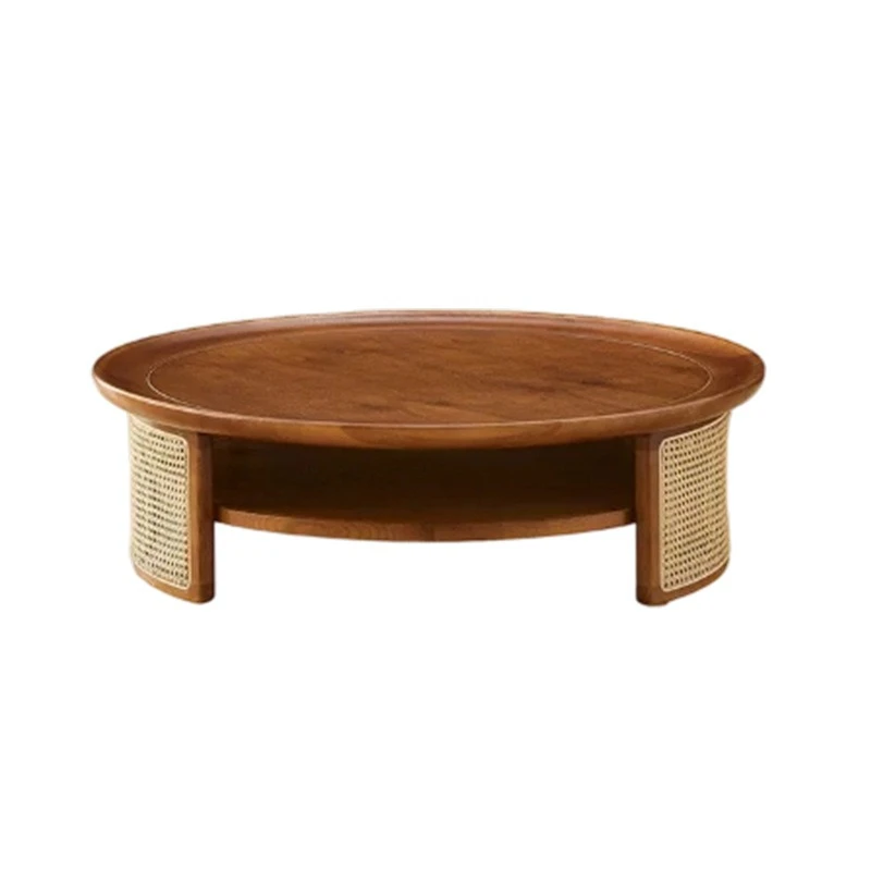 Japanese-style solid wood rattan coffee table low table round living room ins style household simple small apartment practical