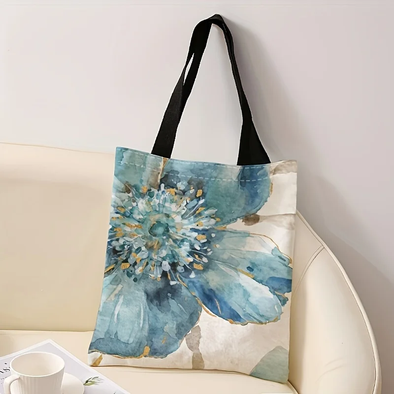Floral Print Tote Bag for Women - Large Capacity Reusable Multifunctional Shoulder Bag with Blue & Golden Watercolor Design