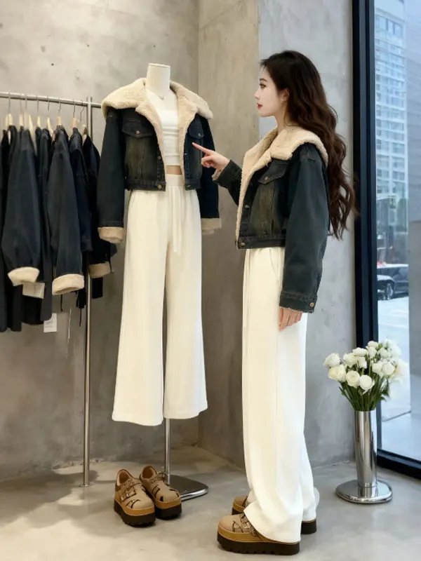 

Retro Sli Thiened Cotton Jaet Women's Winter Faionable Unique Lamb Fur Coat Regular Sve Long Collar Single Button