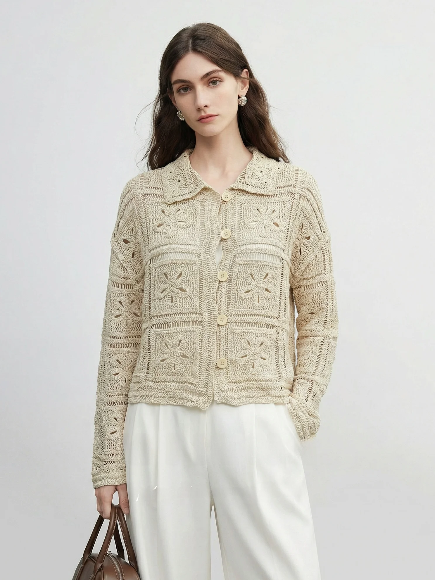 

Miiine Bohemian Loose Cotton Knitted Open Cardigan Handmade Crocheted Hollow out Design Casual Comfortable Women's Top