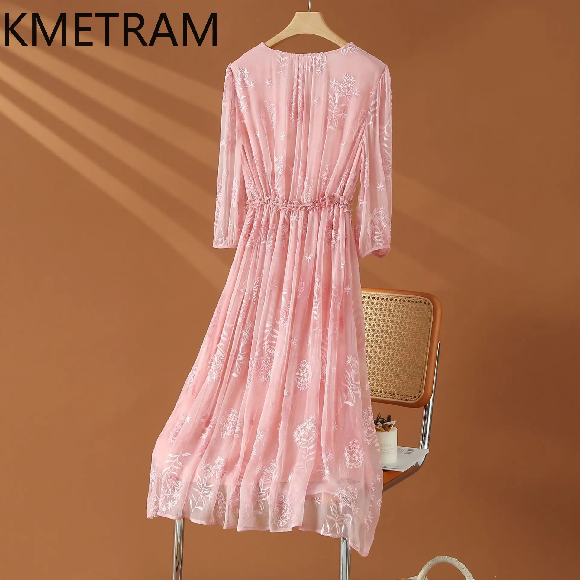 KMETRAM 100% Mulberry Silk Dresses 2024 Women Summer Elegant Dress New in Party Long Dresses Womans Clothing V-Neck 여성여름원피스