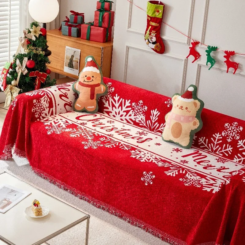 Christmas Sofa Cover with Tassel Couch Towel Machine Washable Holiday Theme Red Grids Sofa Slipcover for Living Room Decor