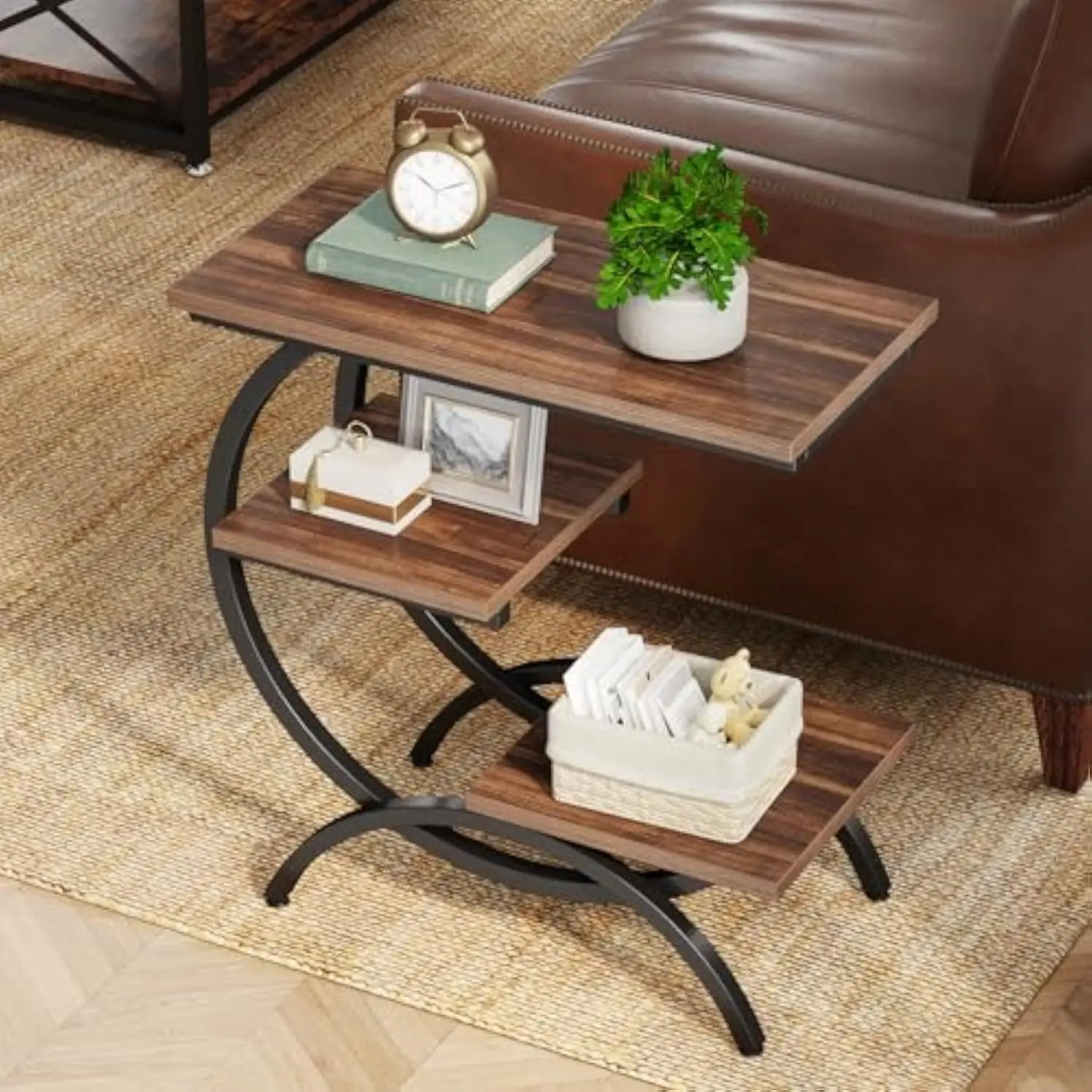

C-Shaped End Table, Industrial 3-Tier Small Side Table for Couch, Wood Bedside Table Snack Side Table with Storage Shelves for