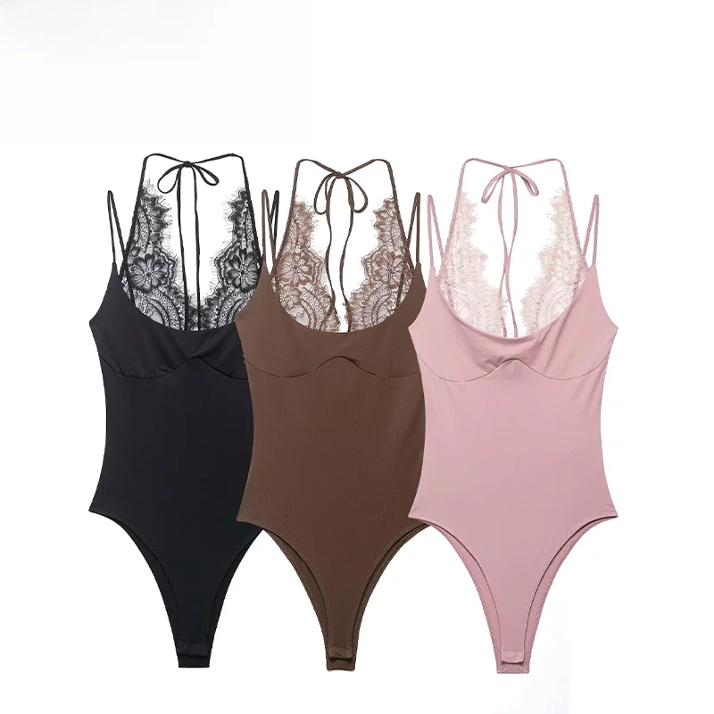 

Модный комбинезон с кружевной отделкой и воротником-стойкой от ZR для женщин, с высокой талией, прямые короткие брюки, полиэстер.