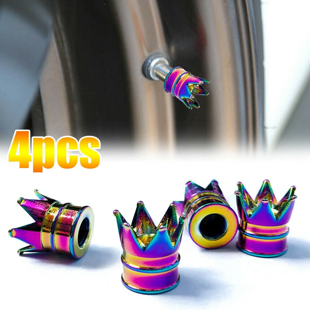 4X Aluminum Neon Color Crown Car Wheel Tire Valve Stem Cap Tyre Air Anti Dust