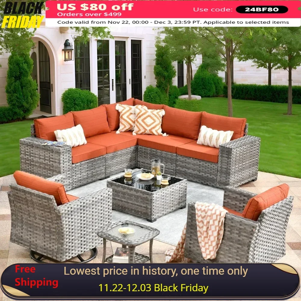 Patio Furniture Set 9 Pieces, Sectional Sofa with Swivel Rocking Chairs, Wide Arms and Deep Seat, Outdoor Wicker Rattan Sofa