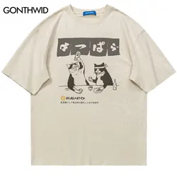 Harajuku Men Tshirt Japanese Cat Graphic Print T-Shirt 2023 Summer Fashion Hip Hop Casual Cotton Loose Tee Shirts Tops Couple