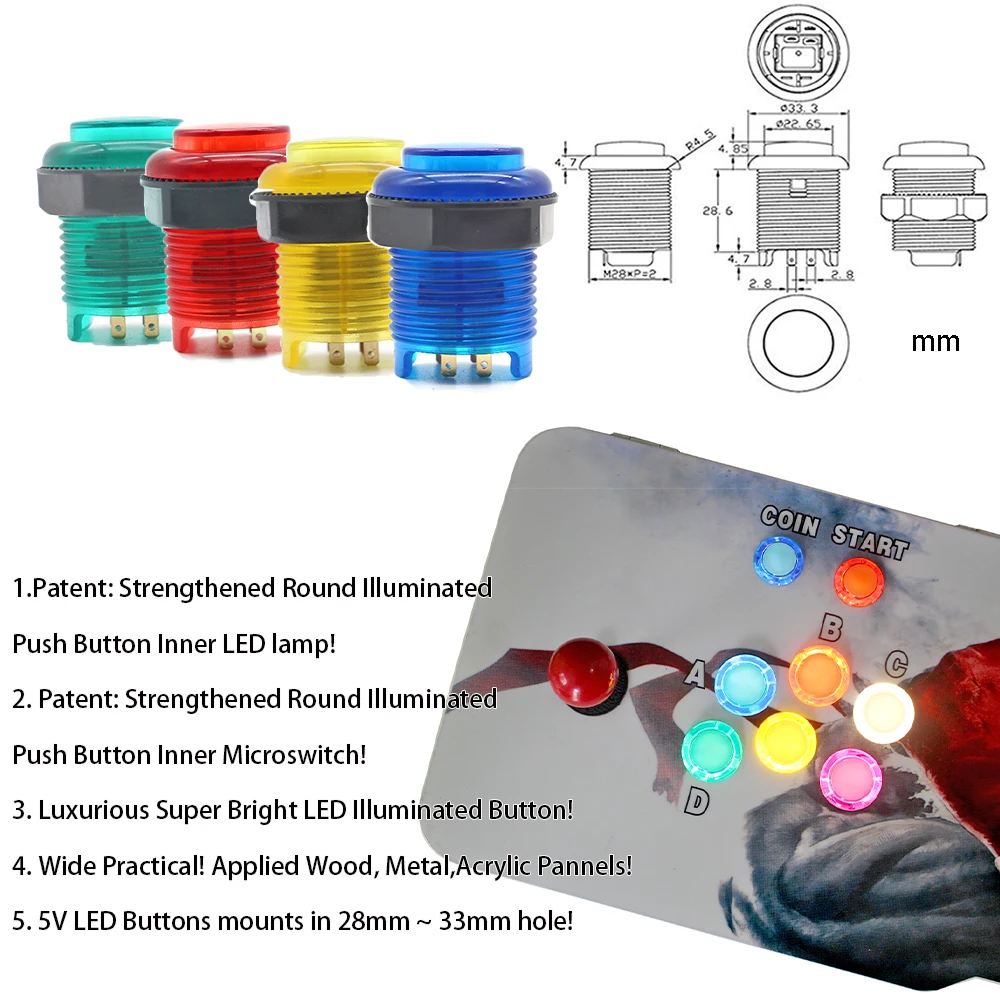 Arcade Button 30mm Full Color 5V Illuminated Push Button Built-in Switch For DIY Arcade Game Console Mame Jamma Raspberry Pi