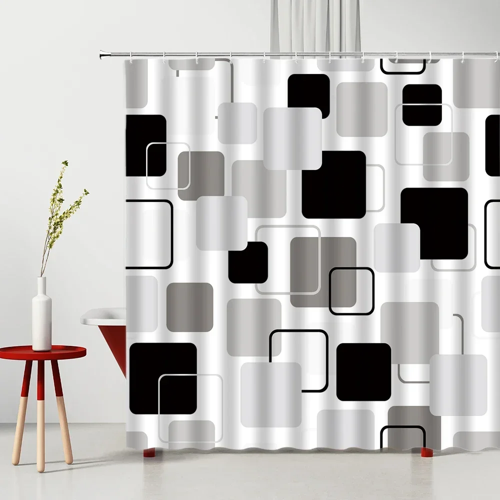 Modern 3D Geometry Shower Curtains Set Red Orange Grey Yellow Lattice Fabric Bathroom Accessories Black and Gray Bath Curtains