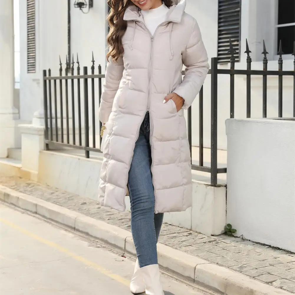 Women Down Coat Long Style Women's Winter Down Coat with Hooded Neck Protection Thick Padded Solid Color Jacket with Drawstring