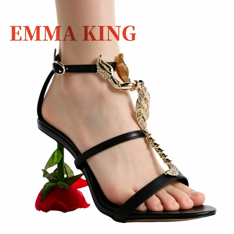 Sexy Rhinestone Metal Decoration Sandals Open Toe Summer Women's Sandals 3D Rose High Heels Scorpion T-Strap Sandals for Wedding