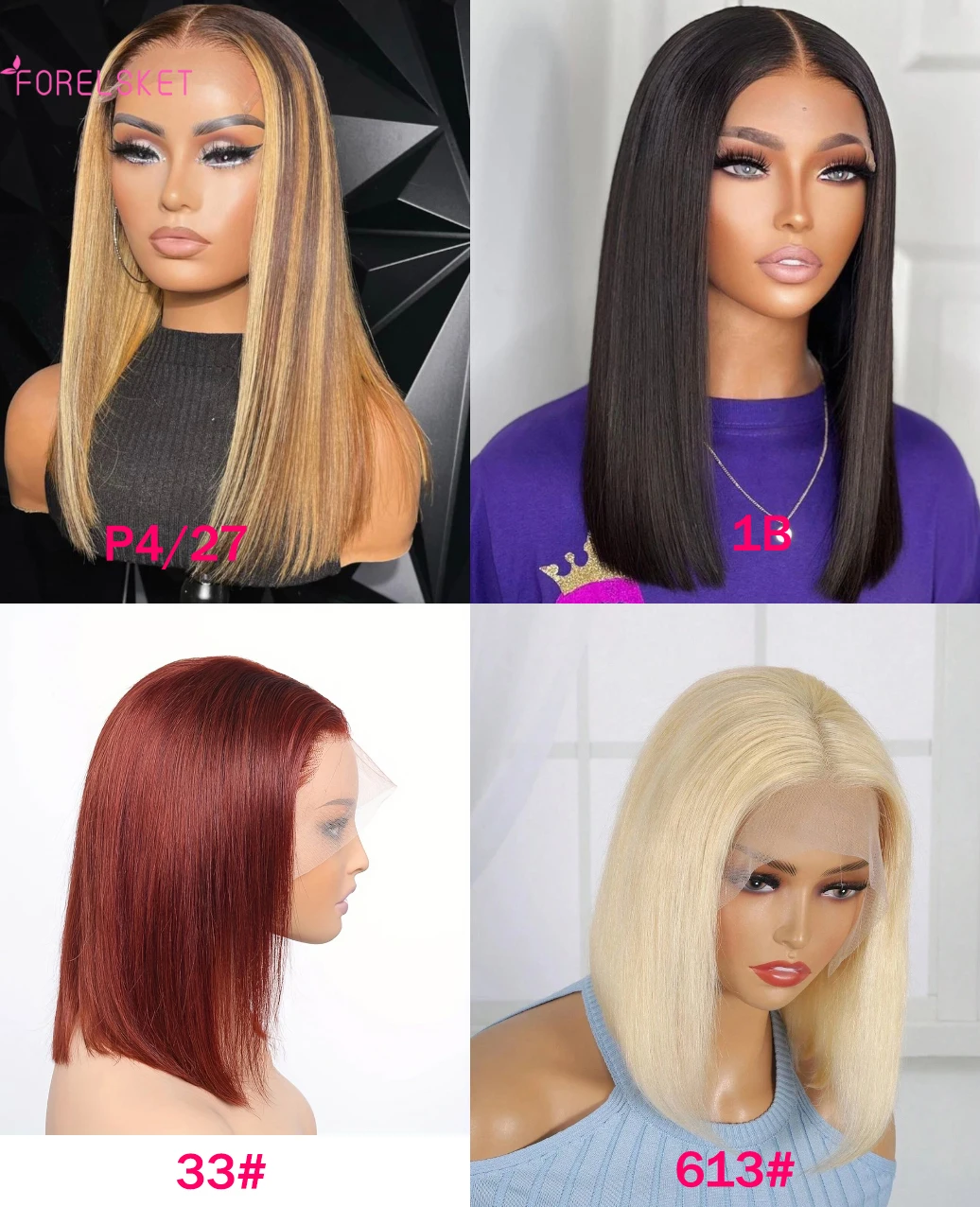 Bob Wigs Brazilian Straight 13x4 Lace Front Bob Wig Sleek Remy Human Hair Wig Highlight P4/27，Red-brown，Blonde 613，natural color