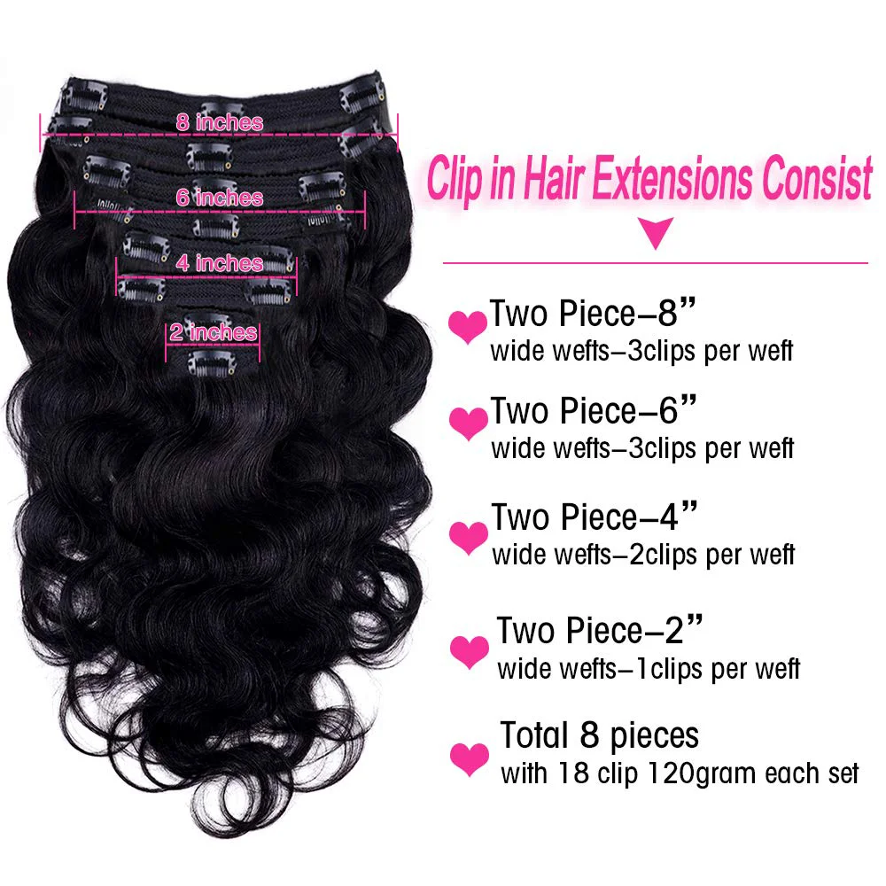 Extensión de cabello negro Natural con Clip, cabello humano de doble trama, cabeza completa, 100% sin procesar, 8 piezas