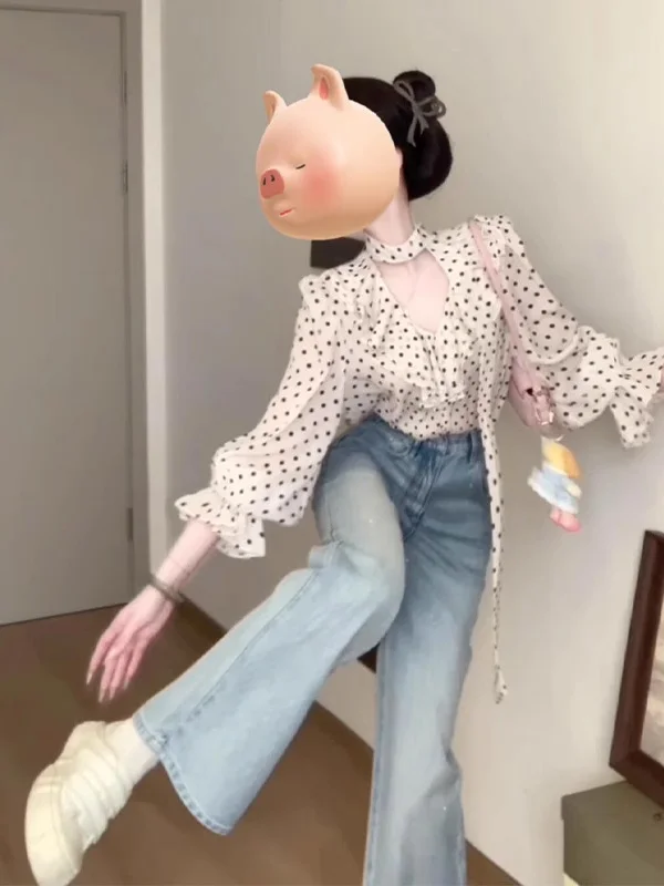 

Retro Polka Dot Long Sleeve Shirt Women's Spring 2026 New Knot Beautiful Temperament Blouse V-neck Button Closure