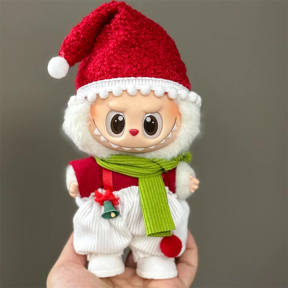 15-17CM 라부부 의류용 인형 옷 메리 크리스마스 모자 스카프 엘크 눈사람 세트 미니 봉제 인형 액세서리 새해 드레스 선물