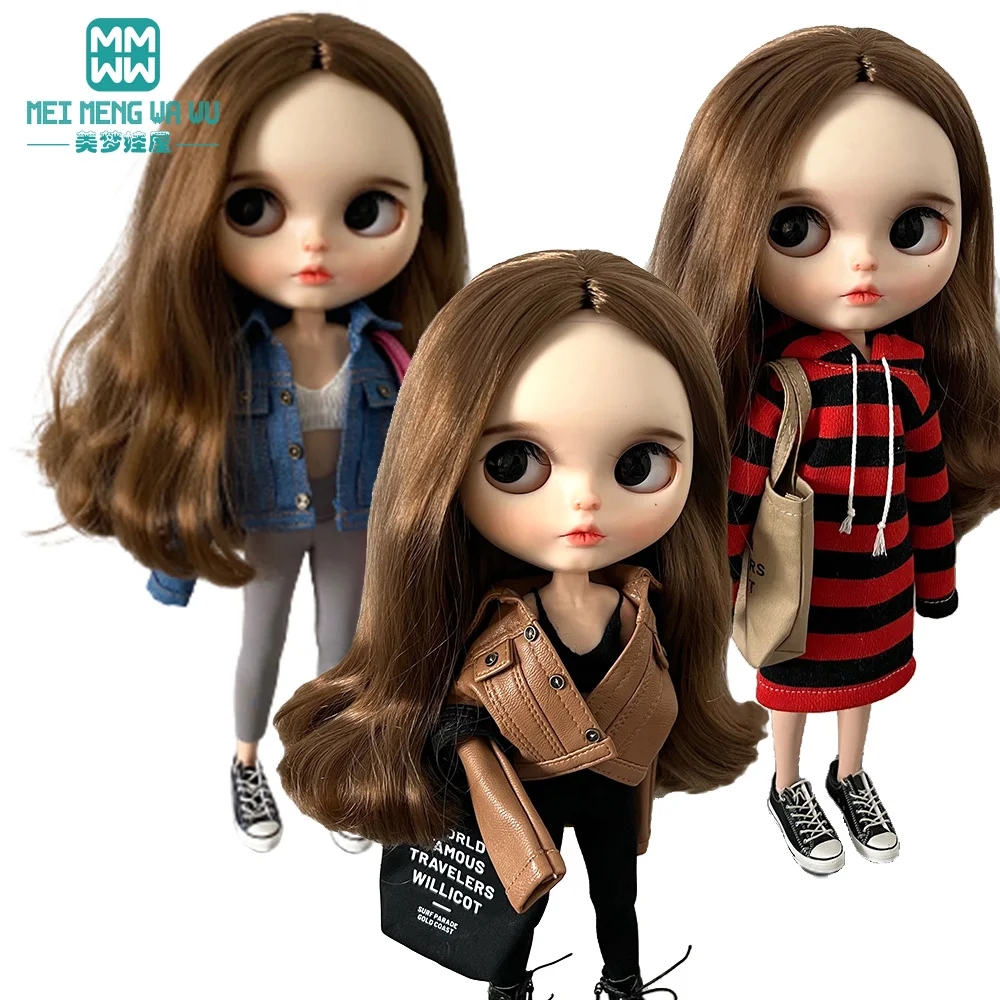 Blyth Doll Clothes azon OB22 OB24 Fashion brown, white and black faux leather jacket Toys Gift