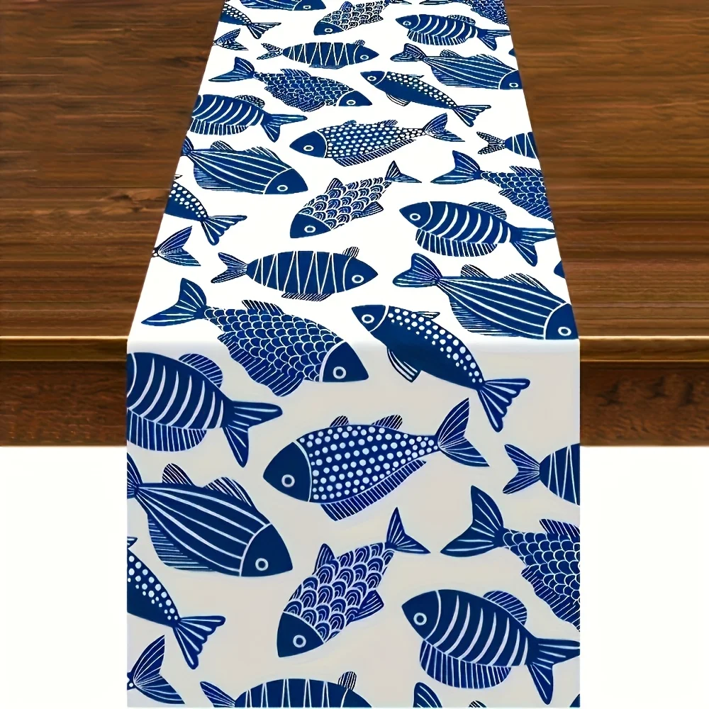 1pc Blue Fish Table Runner Single Sided 2D Print Polyester Decor for Dining Room Kitchen Coastal Nautical Aesthetic Vibe