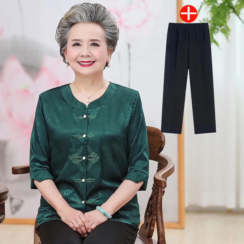 Fdfklak High End Womens Outfits Middle-Aged Elderly Mother Two Piece Sets Grandma Simulation Silk Shirt + Pant Suit