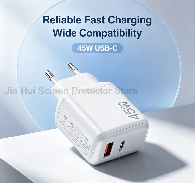 45W GaN  PD Fast Charger Plug Dual Port USB‑A Type‑C Wall Power Adapter Mini Portable Travel Charger for iPhone Android Tablet