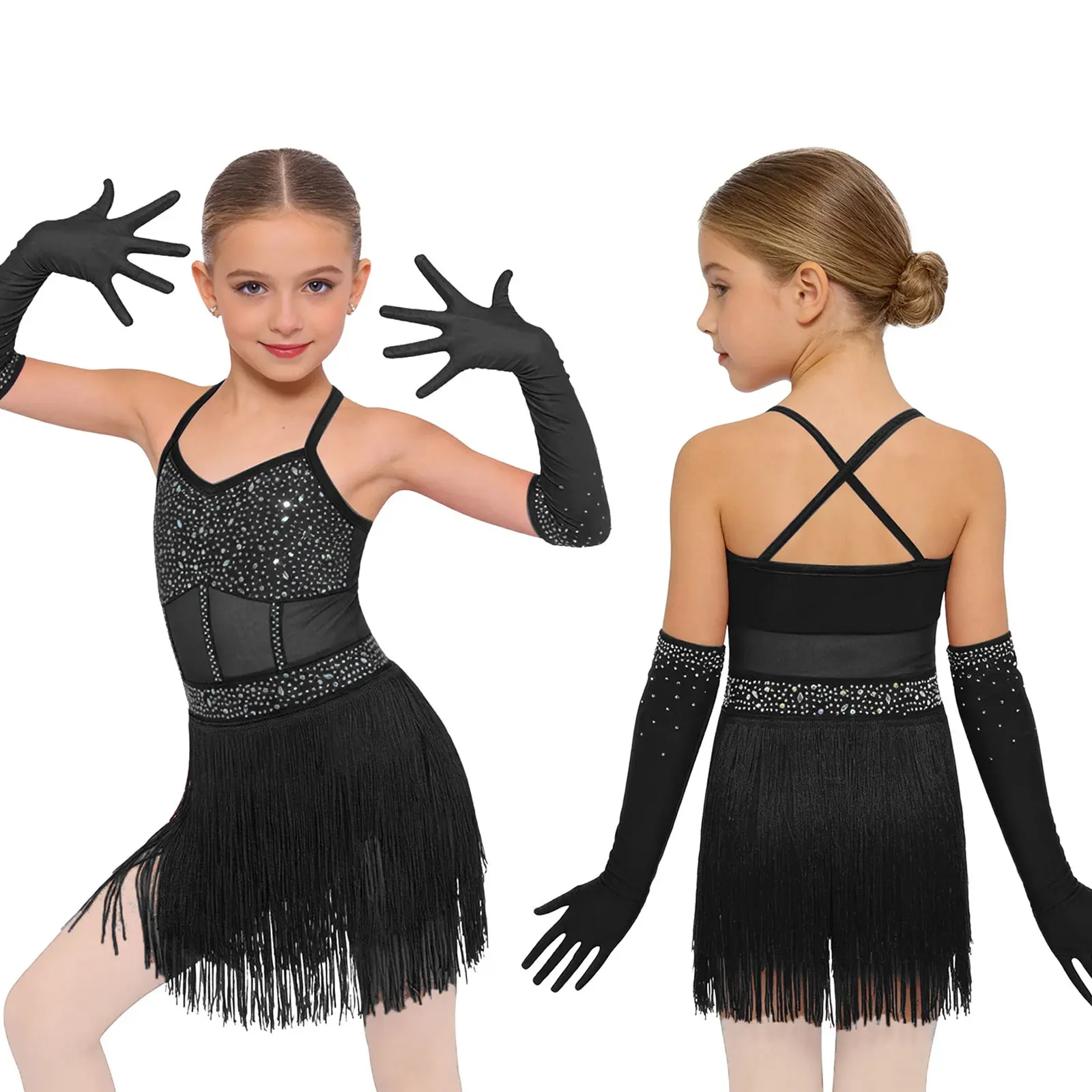 Kids Girls Latin Dance Outfit Sleeveless Shiny Rhinestone Tassel Leotard with 1 Pair Mesh Gloves Ballroom Performance Dancewear