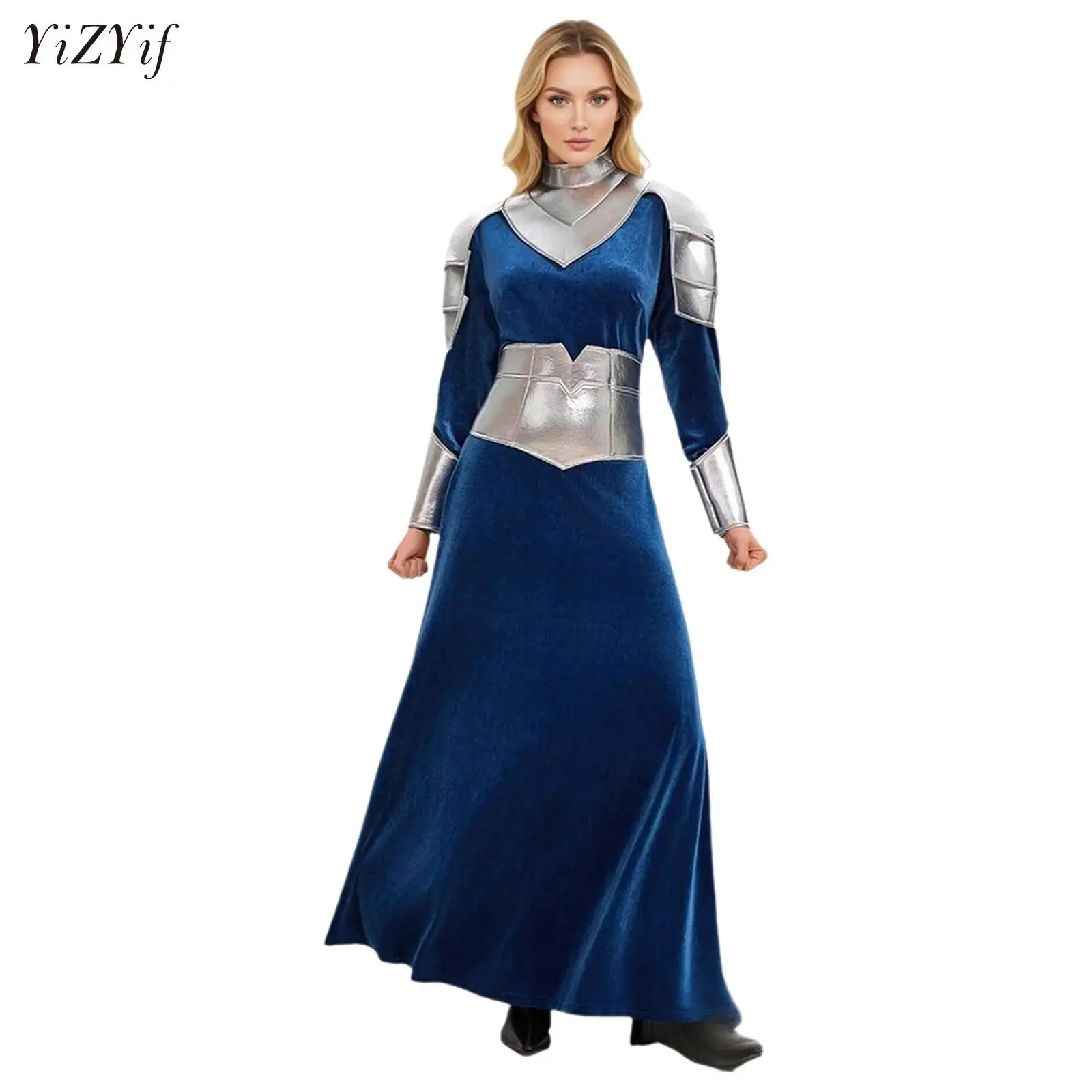 Women Medieval Warrior Costume Long Sleeve Velvet Dress with Shoulder Armor Girdle Cuffs for Role-playing Theme Party Halloween