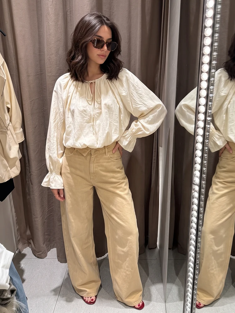 Blusa Blusón Elegante Beige de HH para Mujer, Primavera-Verano, con Lazo en el Cuello, Puños Acampanados, Manga Larga, para Brunch, Fiesta, Vacaciones, Uso Casual
