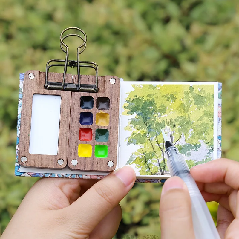 Przenośna paleta szkicowników 8/15, mini paleta kolorów z drewna orzechowego, podróżna walizka na akwarele do rysowania (bez kolorów)