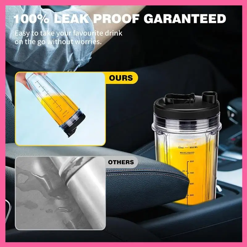 

HOT-For Ninja Blender Cups Replacement Accessories 32 Oz Cups Kit With Seal Lids BL450 BL480 BL486 BL487 BL492 BL494 BL642 BL682