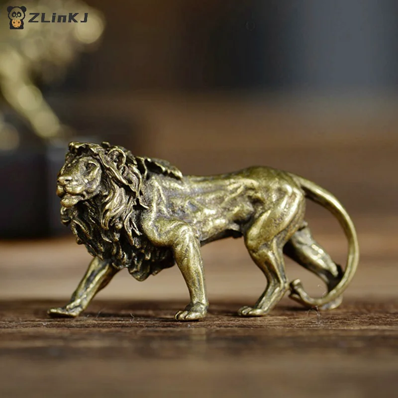1Pcs Retro Kupfer Mini Löwe Skulptur Desktop Messing Tier & Insekt Miniatur Figur Antike Statue Büro Dekoration Handwerk